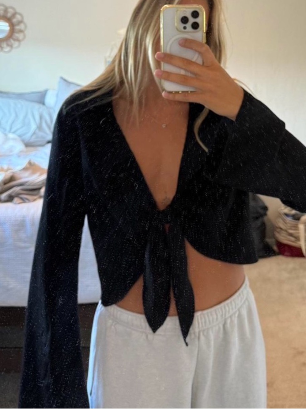 Princess Polly Black Tie Front Long Sleeve Crop Top